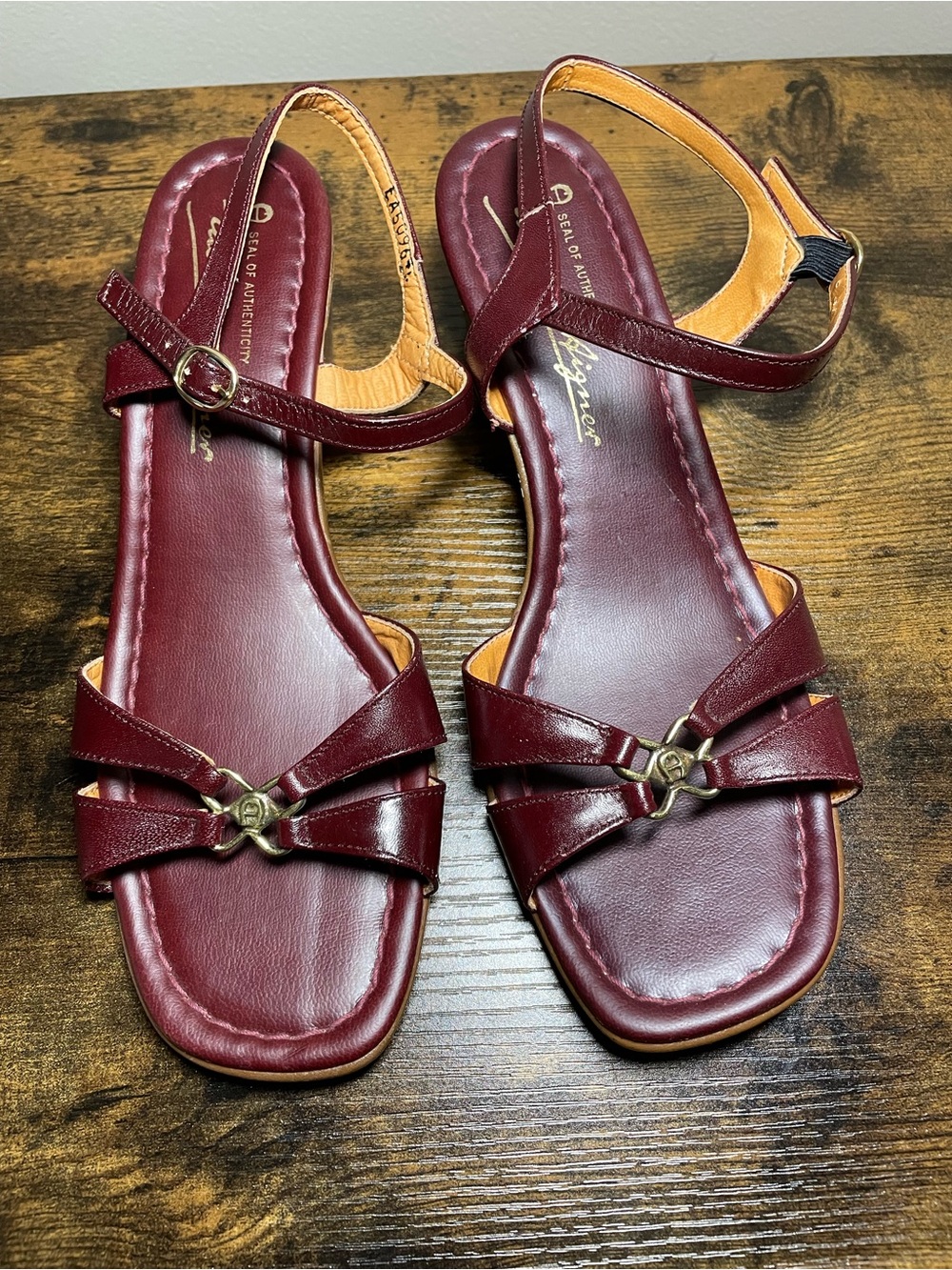 Etienne Aigner Burgundy Leather Heel Ankle-Strap Sandals
